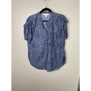 Michael Kors Womens Blue Blouse 12 short sleeve v-neck‎ button up  cotton
